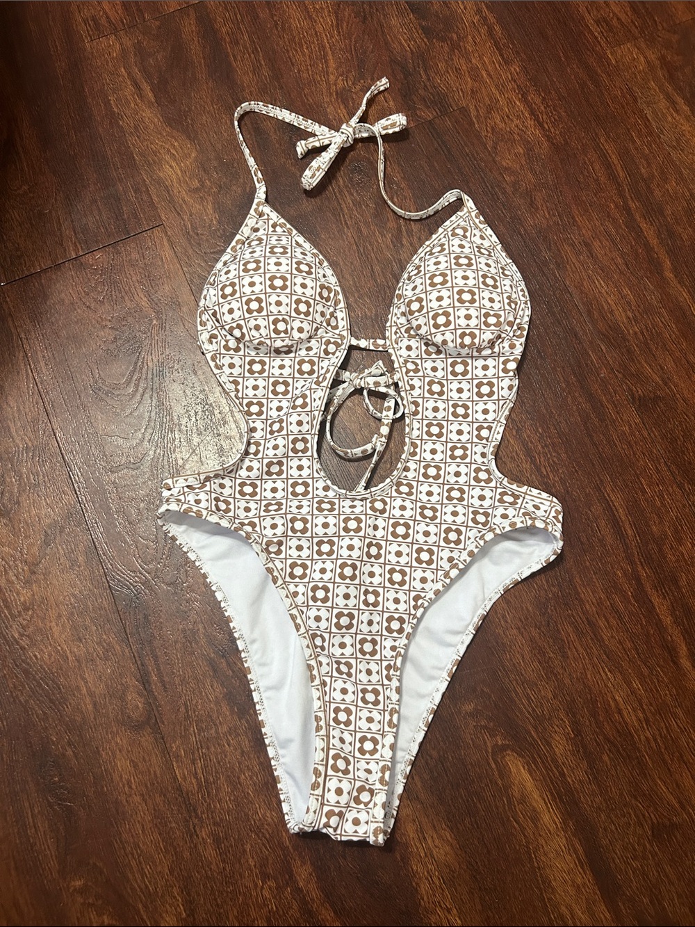 Women's Cream & Brown Patterned Cutout One-Piece Swimsuit
